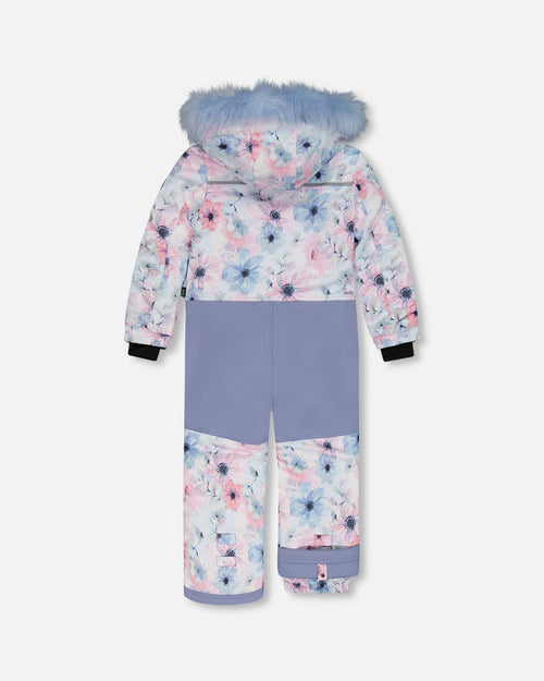 One Piece Snowsuit Printed Watercolor Blue Flowers Snowsuits Deux par Deux 