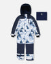 One Piece Snowsuit Navy Blue Watercolor Pine Print Snowsuits Deux par Deux 