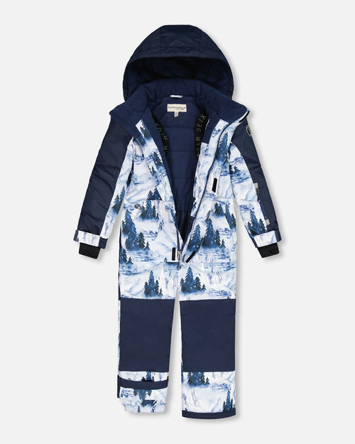 One Piece Snowsuit Navy Blue Watercolor Pine Print Snowsuits Deux par Deux 