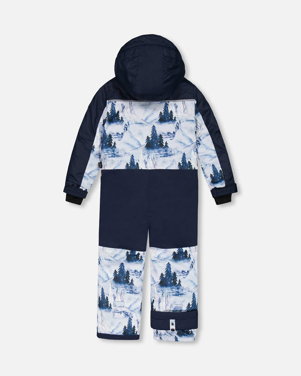 One Piece Snowsuit Navy Blue Watercolor Pine Print Snowsuits Deux par Deux 