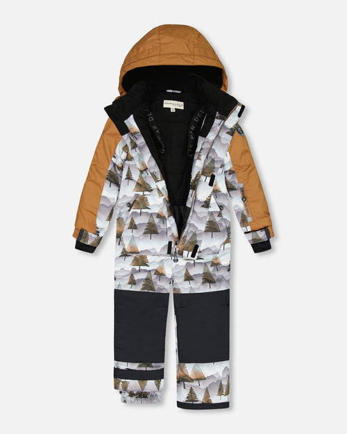 One Piece Snowsuit Grey Landscape Printed Brown Trees Snowsuits Deux par Deux 