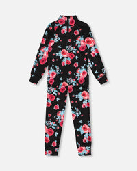 Two Piece Thermal Underwear Set Black Printed Roses - G10Y600_011