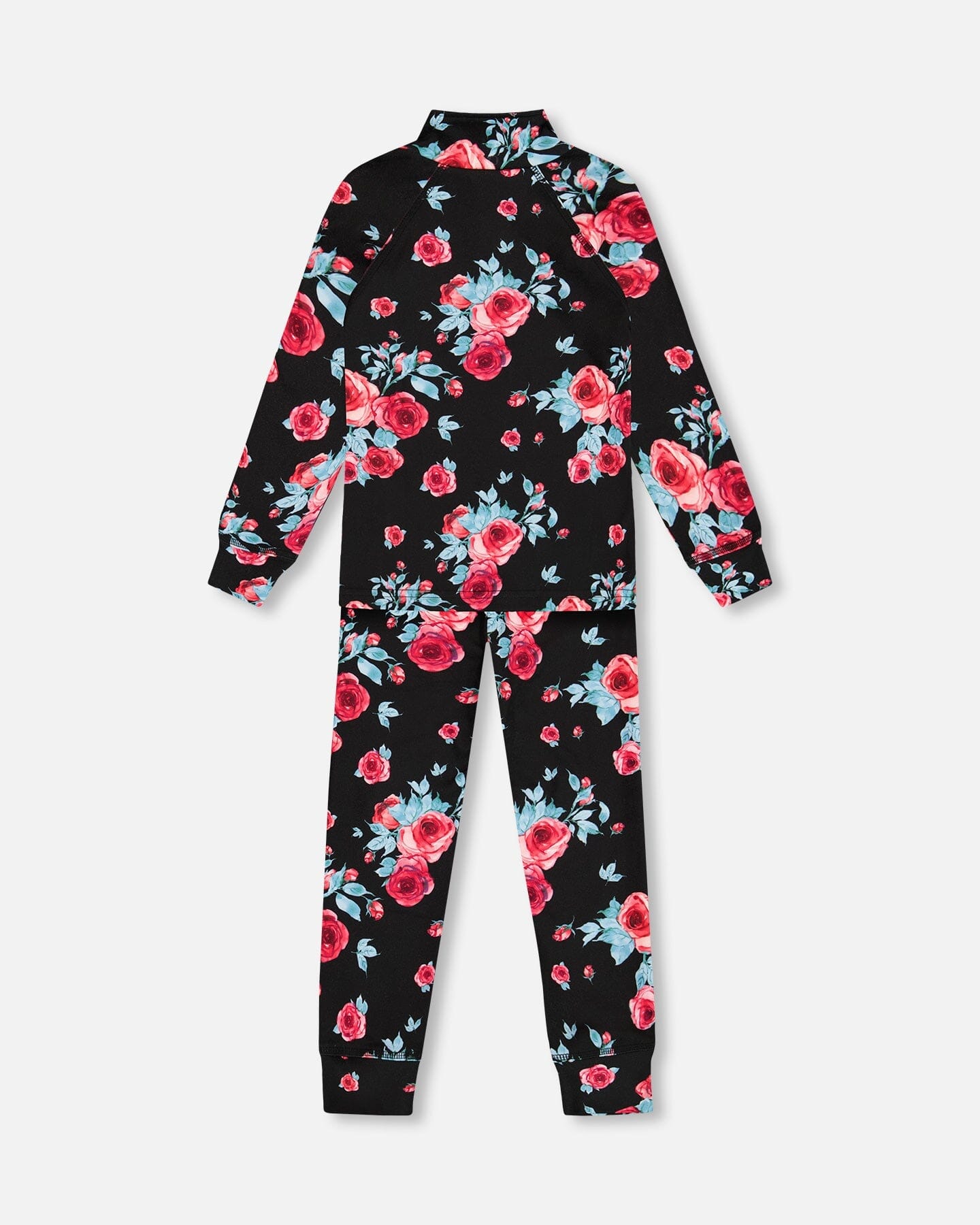 Two Piece Thermal Underwear Set Black Printed Roses - G10Y600_011