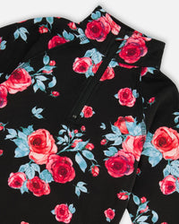 Two Piece Thermal Underwear Set Black Printed Roses - G10Y600_011