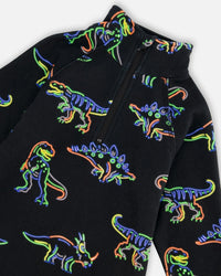 Two Piece Thermal Underwear Set Black Printed Neon Dino - G10Y600_027