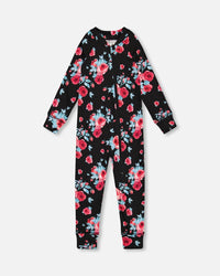 One Piece Thermal Underwear Black Printed Roses - G10Y700_011