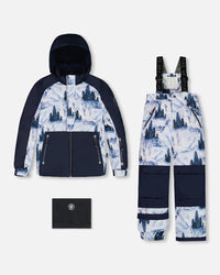 Two Piece Snowsuit Navy Blue Watercolor Pine Print Snowsuits Deux par Deux 