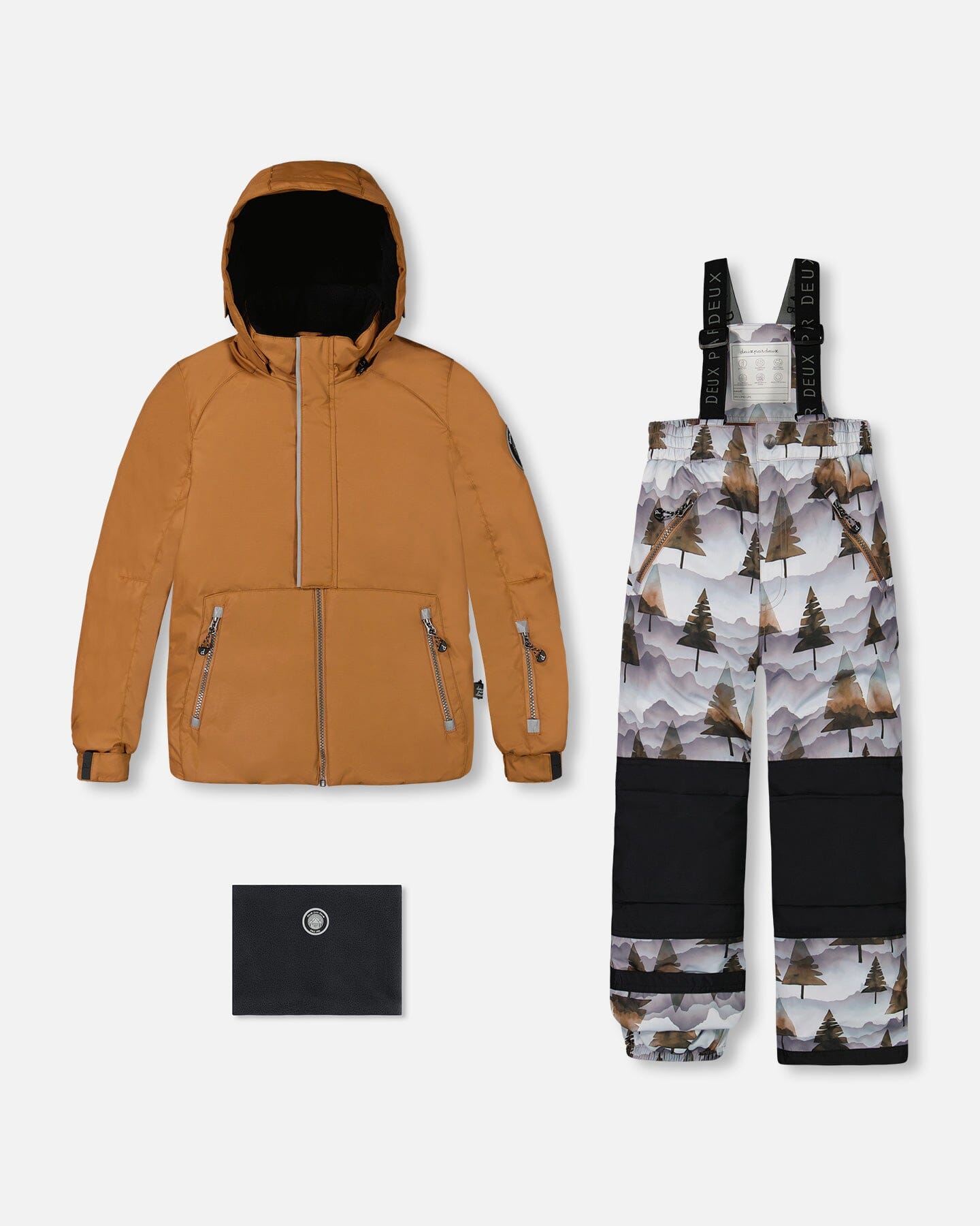 Two Piece Snowsuit Solid Brown Jacket And Grey Landscape Printed Brown Trees Snowsuits Deux par Deux 