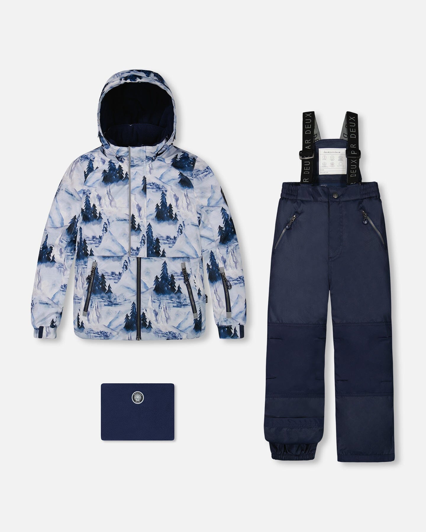 Two Piece Snowsuit Watercolor Pine Print And Solid Navy Pant Snowsuits Deux par Deux 