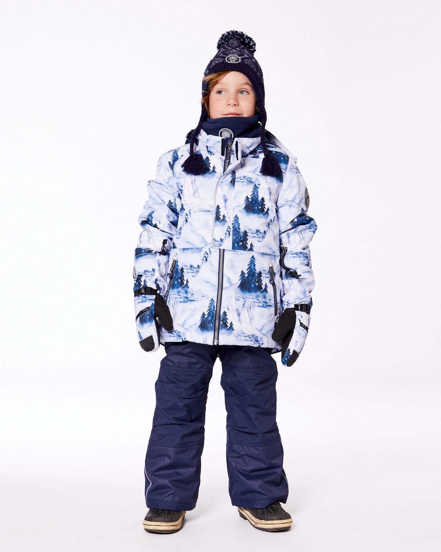 Two Piece Snowsuit Watercolor Pine Print And Solid Navy Pant Snowsuits Deux par Deux 