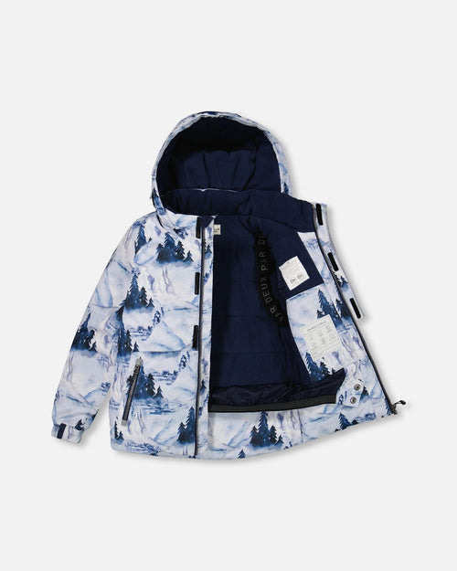 Two Piece Snowsuit Watercolor Pine Print And Solid Navy Pant Snowsuits Deux par Deux 