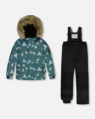 Two Piece Snowsuit Sage Printed Wolves And Black - G10Z808_999