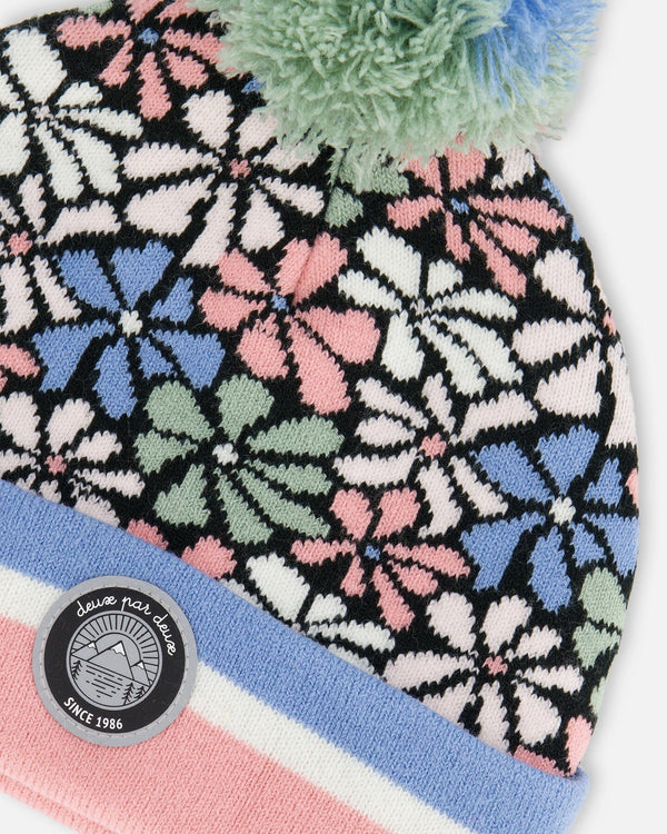 Knit Hat Blue, Pink And White Retro Flowers - G10ZL01_000