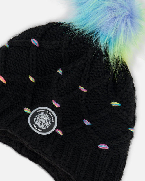 Peruvian Knit Hat Black With Multicolor Dots Winter Accessories Deux par Deux 