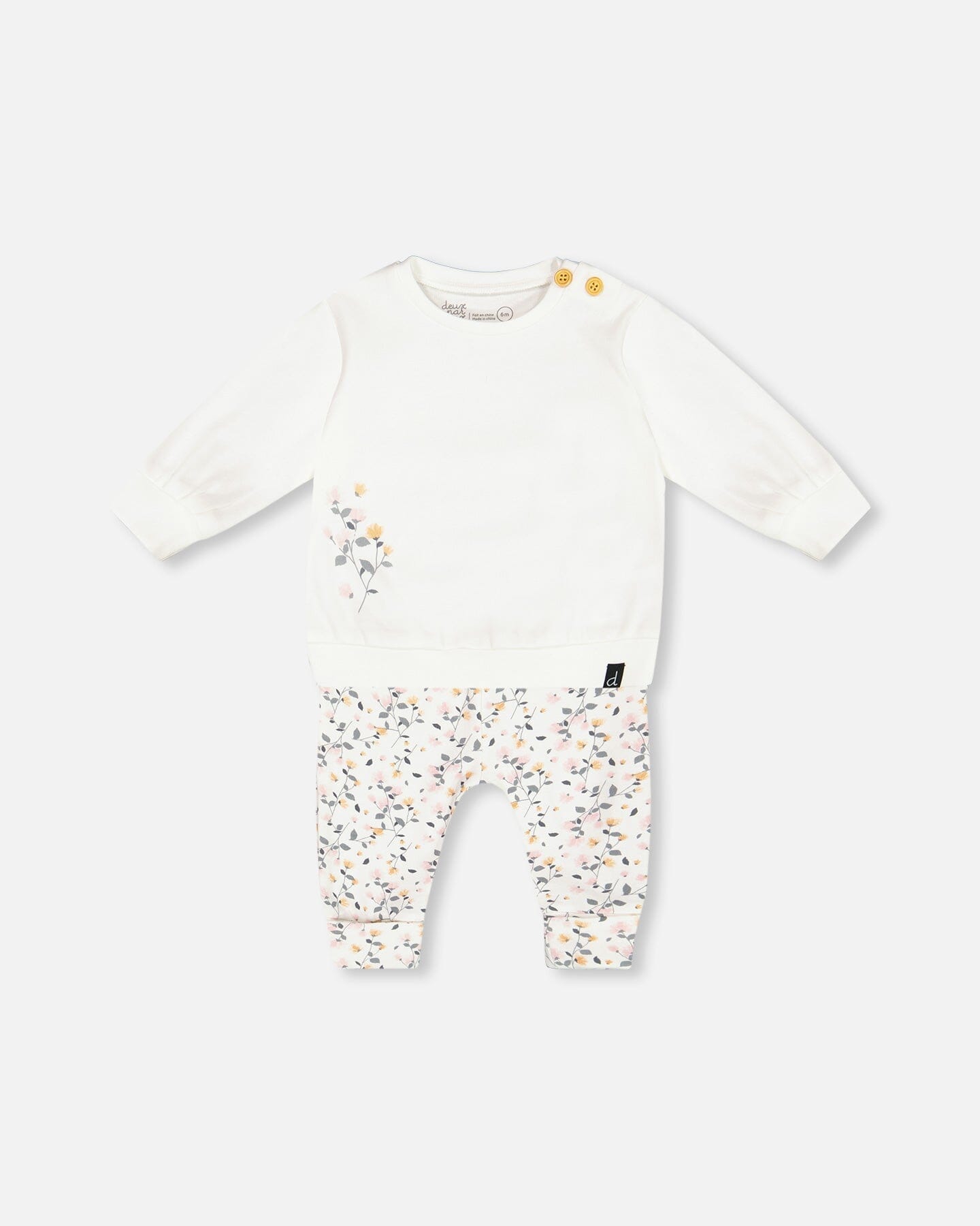 Organic Cotton Top And Printed Pants Set Cream With Flowers - G20A11_067