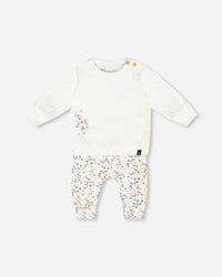 Organic Cotton Top And Printed Pants Set Cream With Flowers - G20A11_067