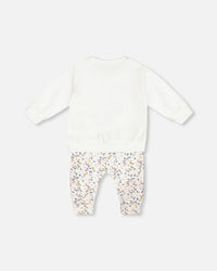 Organic Cotton Top And Printed Pants Set Cream With Flowers - G20A11_067