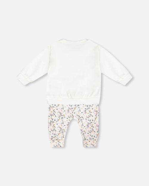 Organic Cotton Top And Printed Pants Set Cream With Flowers - G20A11_067