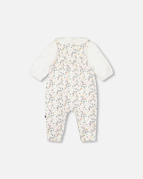 Organic Cotton Onesie And Printed Overall Set Cream With Flowers - G20A12_067