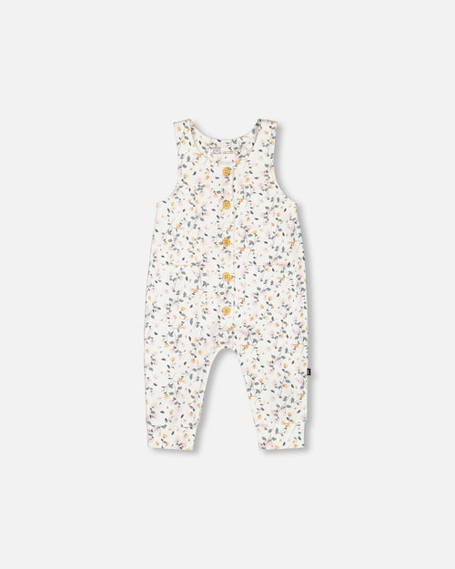 Organic Cotton Onesie And Printed Overall Set Cream With Flowers - G20A12_067