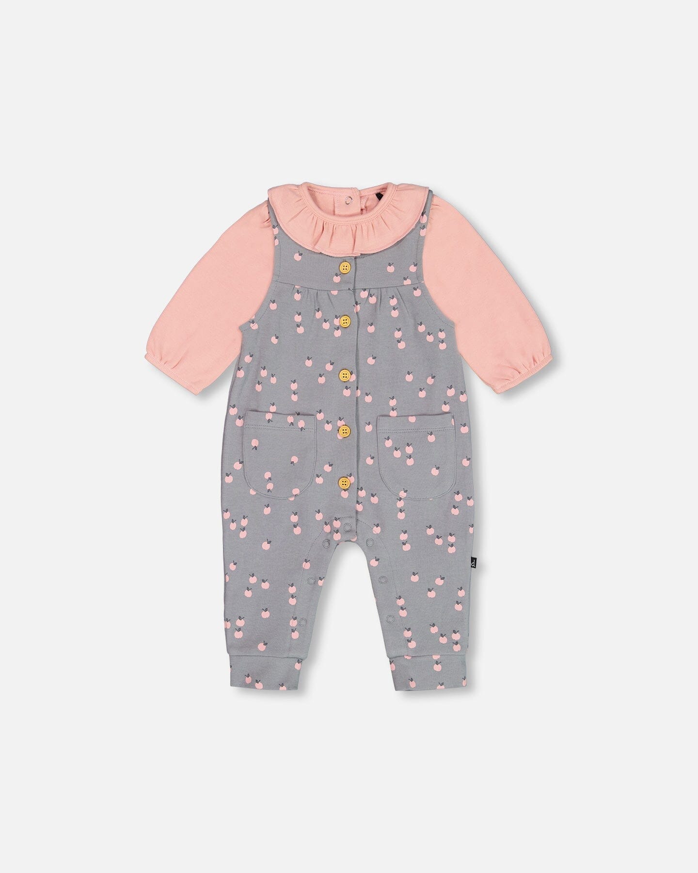 Organic Cotton Onesie And Printed Overall Set Gray With Apples - G20A12_068