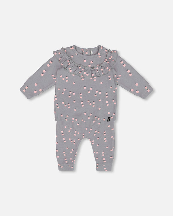 Printed Organic Cotton Top And Pants Set Gray With Apples - G20A13_068