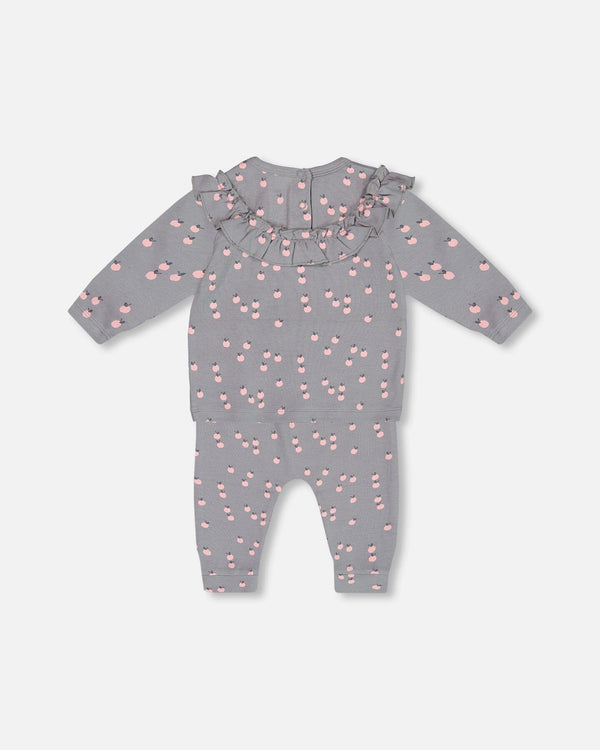 Printed Organic Cotton Top And Pants Set Gray With Apples - G20A13_068