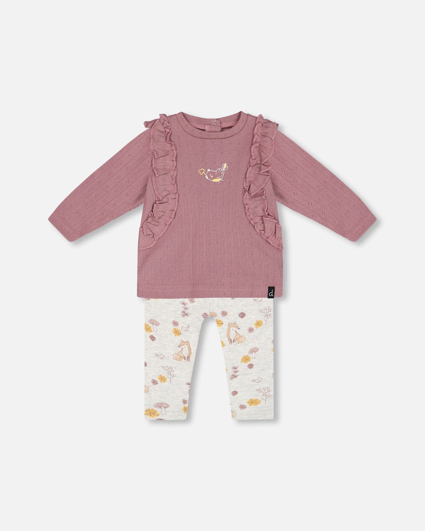 Organic Cotton Pointelle Top And Printed Leggings Set Woodrose With Fox - G20B12_069