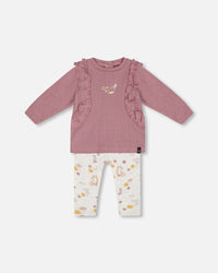 Organic Cotton Pointelle Top And Printed Leggings Set Woodrose With Fox - G20B12_069