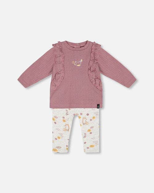 Organic Cotton Pointelle Top And Printed Leggings Set Woodrose With Fox - G20B12_069