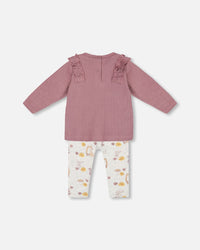 Organic Cotton Pointelle Top And Printed Leggings Set Woodrose With Fox - G20B12_069