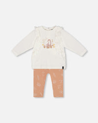 Organic Cotton Top And Printed Leggings Set White And Cinnamon - G20B12_070