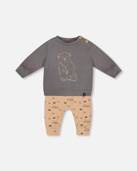 Organic Cotton Top With Printed Bears Pant Set Sand Sets Deux par Deux 