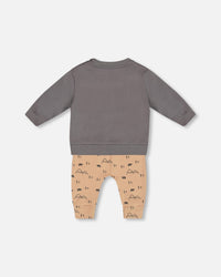 Organic Cotton Top With Printed Bears Pant Set Sand Sets Deux par Deux 