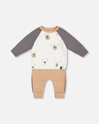 Organic Cotton Top With Pant Set Nougat With Printed Bears Face - G20C11_145