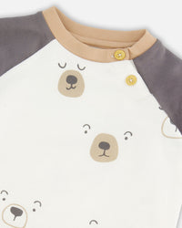 Organic Cotton Top With Pant Set Nougat With Printed Bears Face - G20C11_145