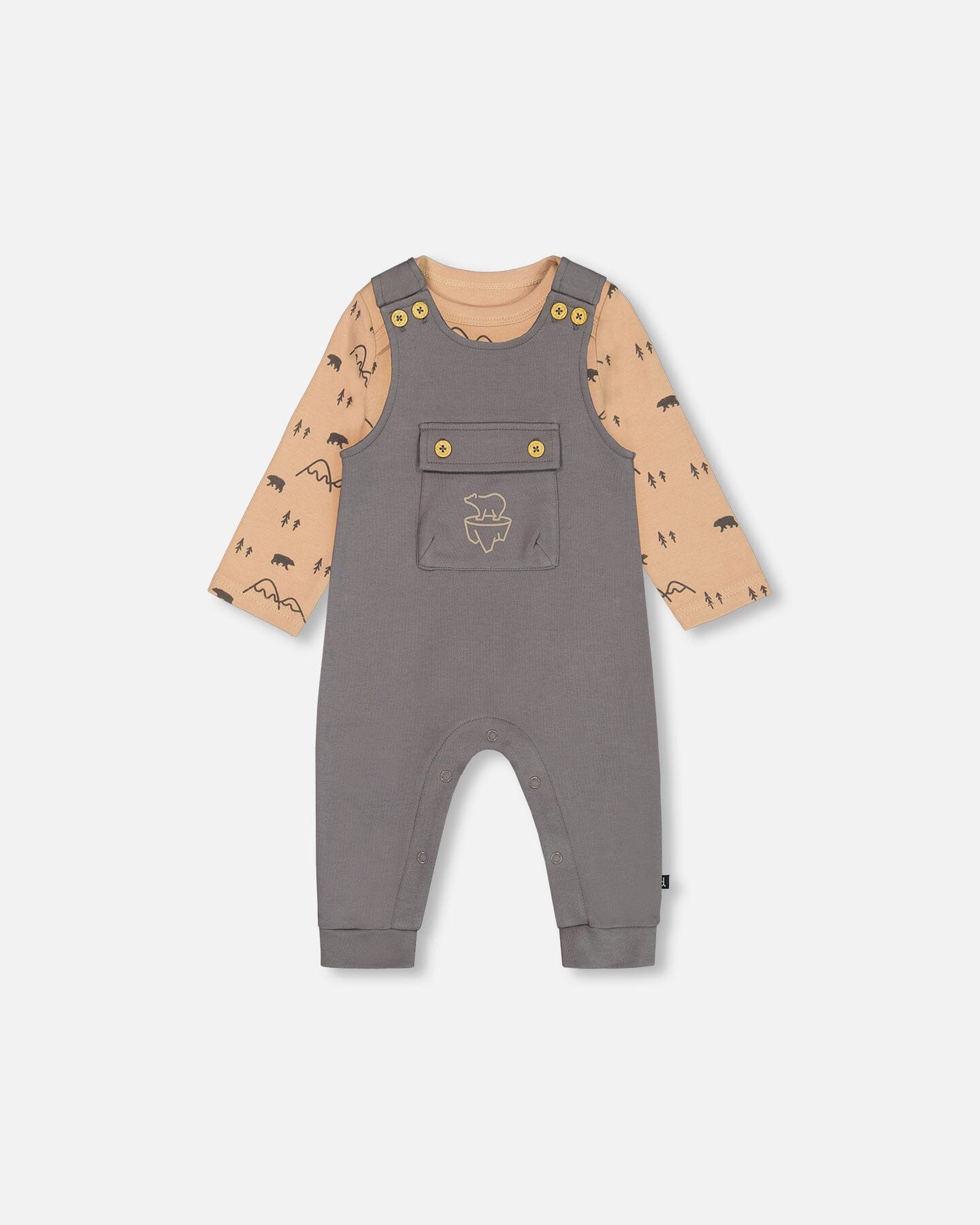 Organic Cotton Printed Onesie And Overall Set Dark Gray With Mountains - G20C12_049