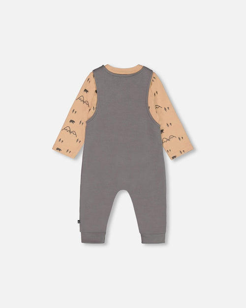 Organic Cotton Printed Onesie And Overall Set Dark Gray With Mountains - G20C12_049