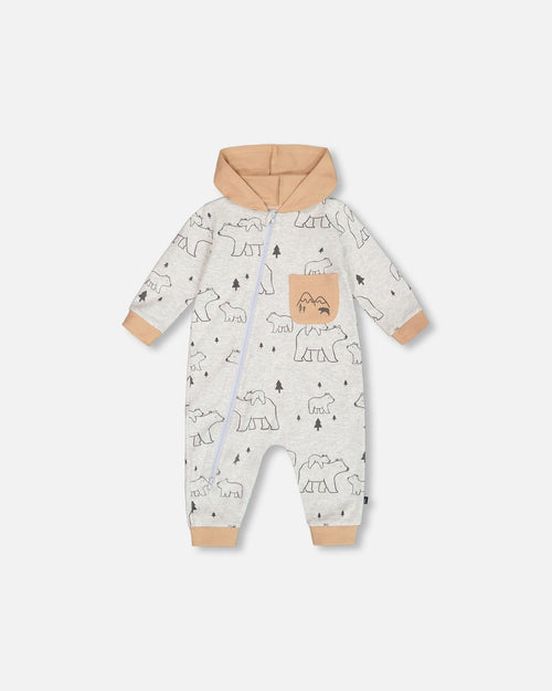 Organic Cotton Hooded Jumpsuit Gray Mix Printed Bears - G20C40_048