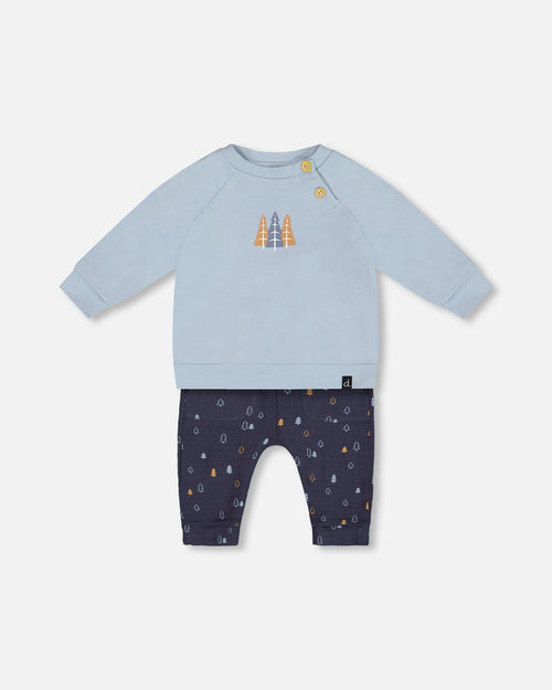 Organic Cotton Top And Printed Muslin Pant Set Light Blue With Pine - G20D10_770