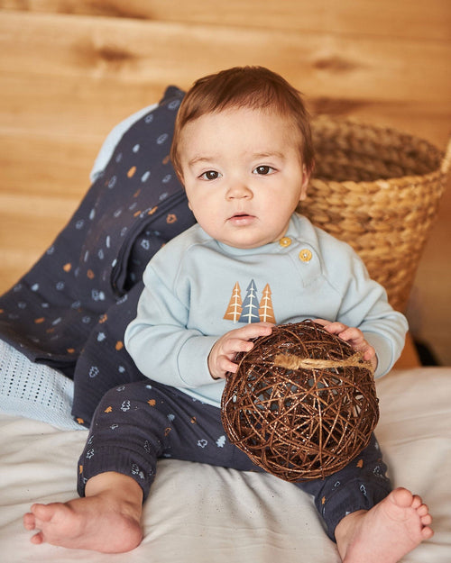 Organic Cotton Top And Printed Muslin Pant Set Light Blue With Pine Sets Deux par Deux 