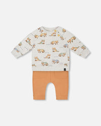 Organic Cotton Top And Pant Set Beige Mix Printed Racoon And Hazel - G20D11_066