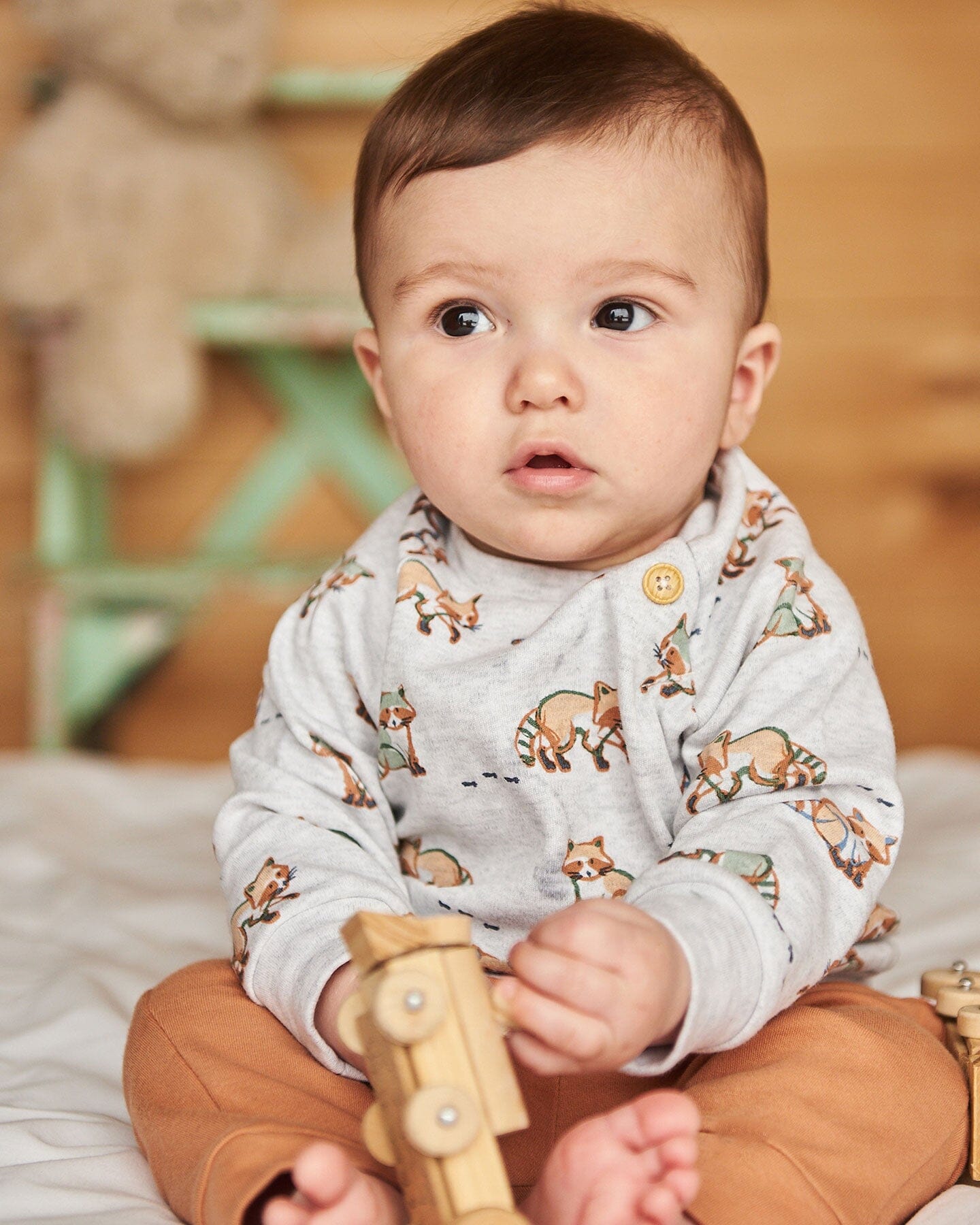 Organic Cotton Top And Pant Set Beige Mix Printed Racoon And Hazel Sets Deux par Deux 