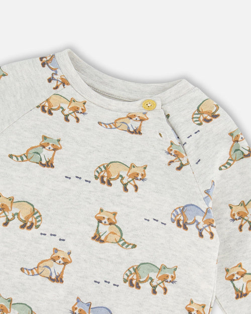 Organic Cotton Top And Pant Set Beige Mix Printed Racoon And Hazel - G20D11_066