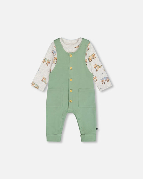 Organic Cotton Printed Onesie And Overall Set Green And Racoon - G20D12_273