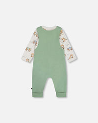 Organic Cotton Printed Onesie And Overall Set Green And Racoon - G20D12_273