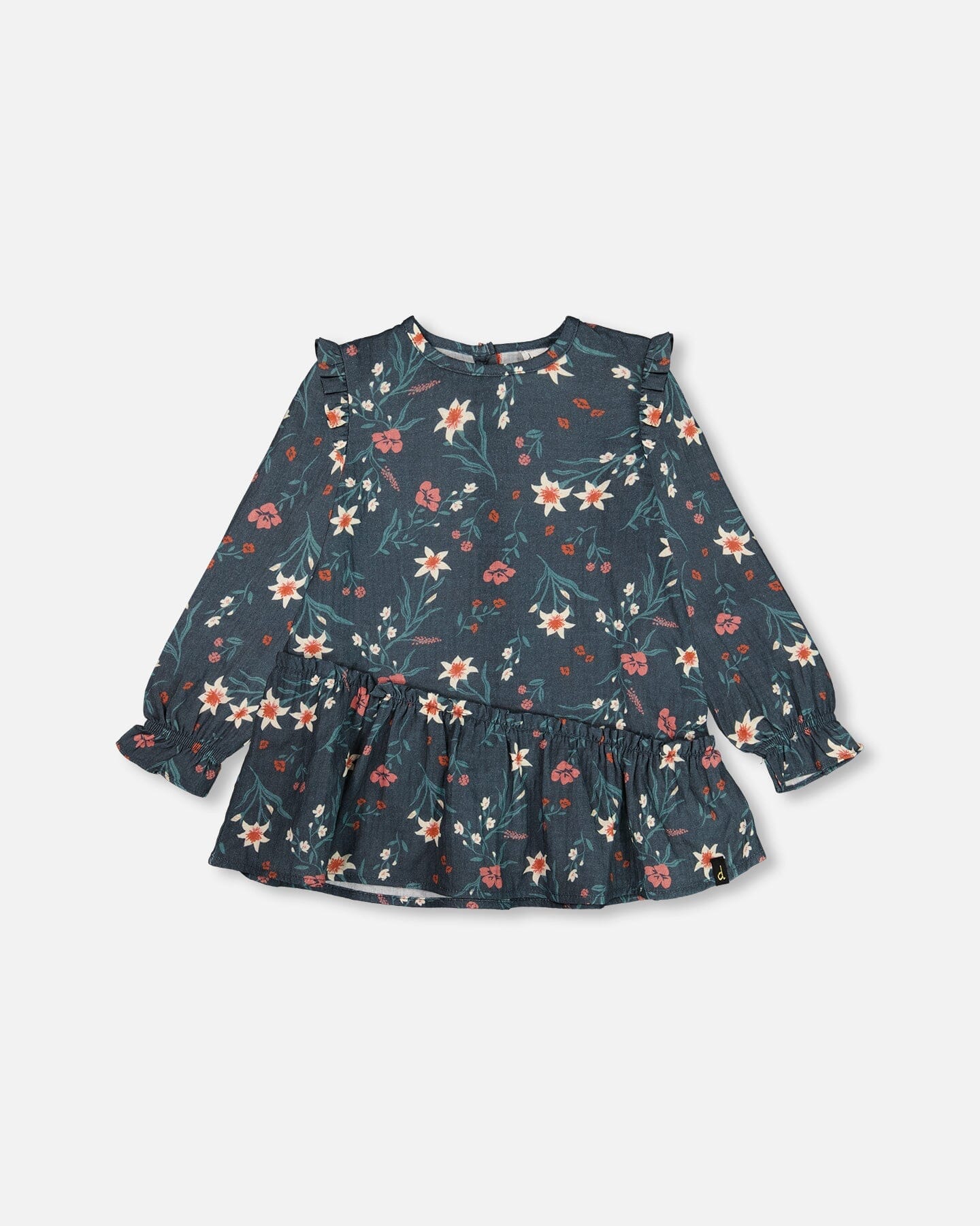 Printed Muslin Long Top Teal With Flowers - G20E16_040