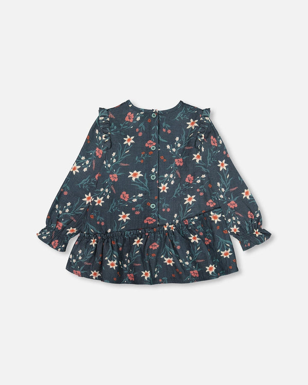 Printed Muslin Long Top Teal With Flowers - G20E16_040