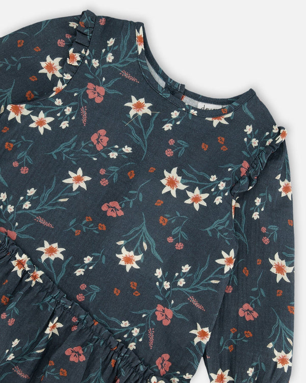 Printed Muslin Long Top Teal With Flowers - G20E16_040