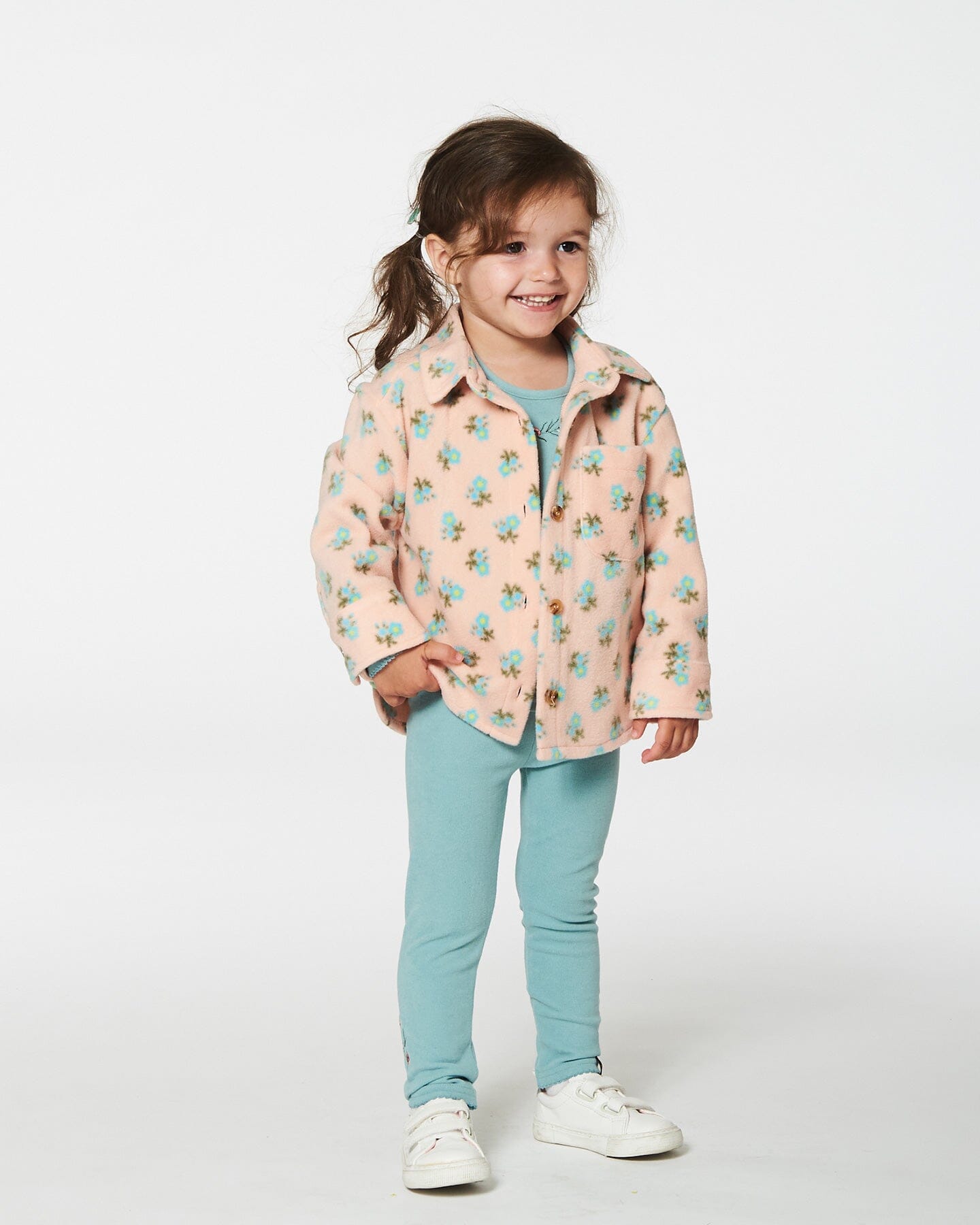 Printed Polar Fleece Shirt Peach With Blue Flowers Tees & Tops Deux par Deux 